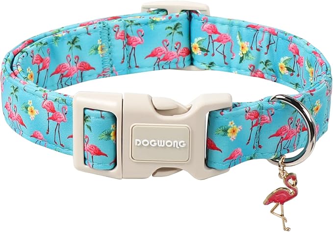 DOGWONG Spring Summer Dog Collar-Cute Flamingo Dog Collar, Adjustable Soft Beach Hawaiian Dogs Collars for Large Dogs, L