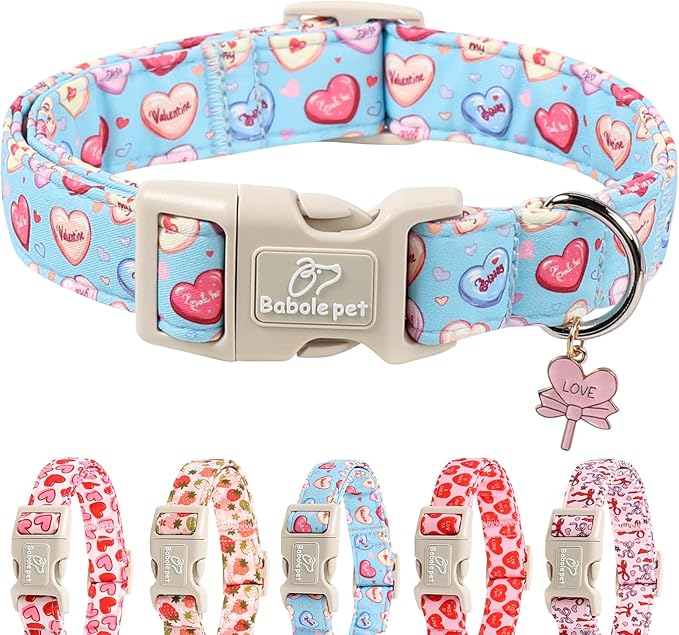 Babole Pet Valentines Dog Collar for Large Dogs - Valentine Candy Hearts Dog Collars, Love Boy Girl Dogs Collars, Lightweight Adjustable Cute Blue Puppy Collar with Quick-Release Buckle XL