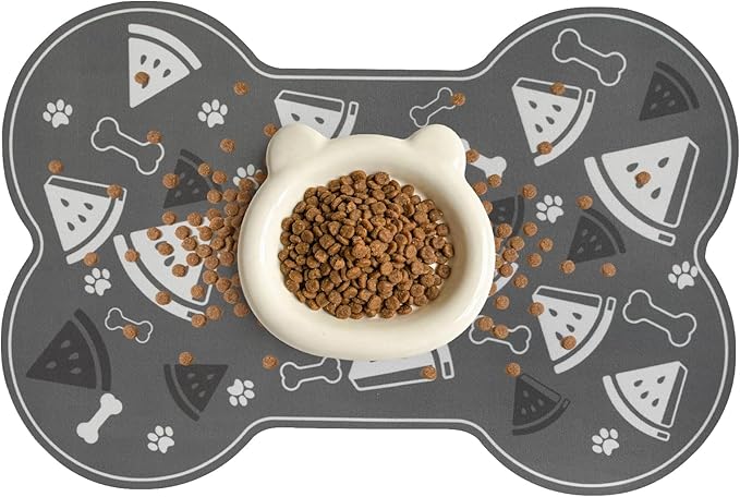 TORJOY Dog Food Mat, 0.15” Thickened Super Absorbent Pet Feeding Mat for Food and Water, Fruit Donut Pattern Cat Placemat, Quick Dry Non-Slip Dog Bowl Mat, Water Splash Proof（Large Watermelon Grey）