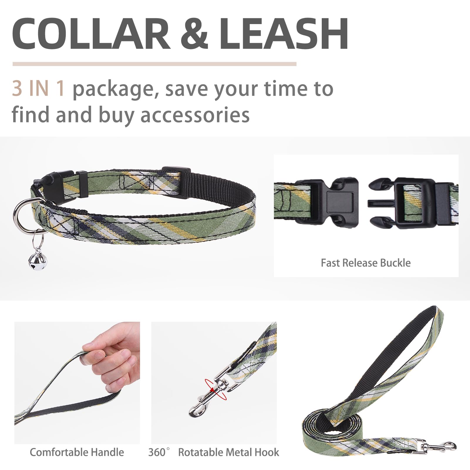 PUPTECK Adjustable Dog Harness Collar and Leash Set Step in No Pull Pet Harness for Small Medium Dogs Puppy and Cats Outdoor Walking Running, Soft Mesh Padded Reflective Vest Harnesses, Grn&YLW, L