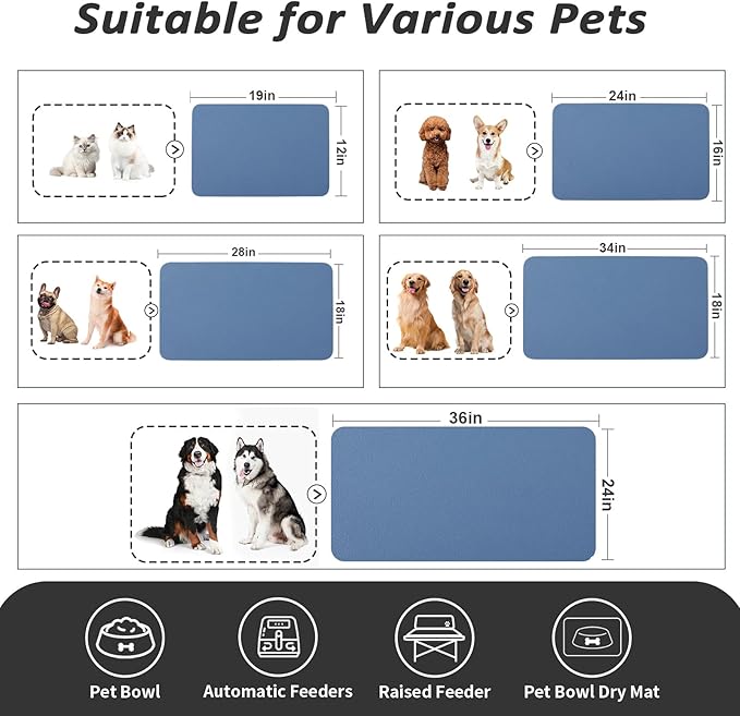 Dog Food Mat - Absorbent Cat Mat for Food and Water, No Stains Pet Feeding Bowl Mat, Easy to Clean Pet Placemats, Quick Dry Dog Water Dispenser Mat for Messy Drinkers | Blue 16"x 24"