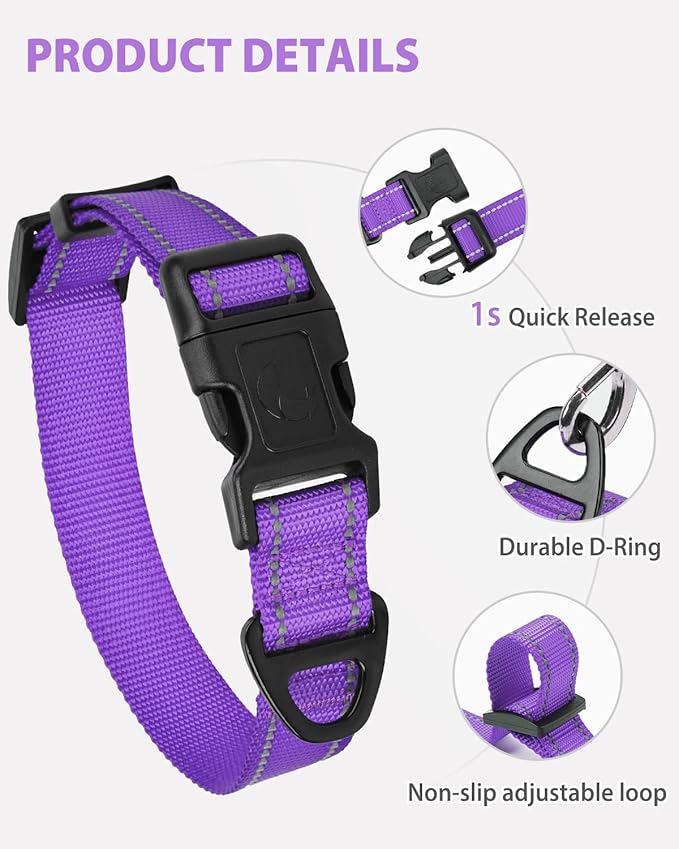 Joytale Dog Collars for Medium Dogs, Comfortable Double-Sided Reflective Nylon Collar for Night Safety, Adjustable Quick-Release for Active Pets, Purple, M (1" Width)
