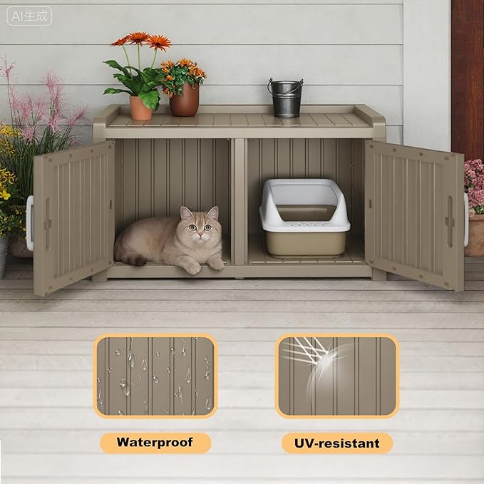 KFY Cat Litter Box Enclosure Resin Hidden Cat Litter Box Furniture Multi-Functional Double Door Spacious Odorless Waterproof UV-Resistant Indoor Outdoor Use Grey