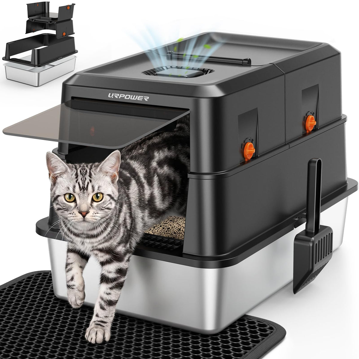 URPOWER XL Stainless Steel Cat Litter Box with 180° Flip-Top Lid