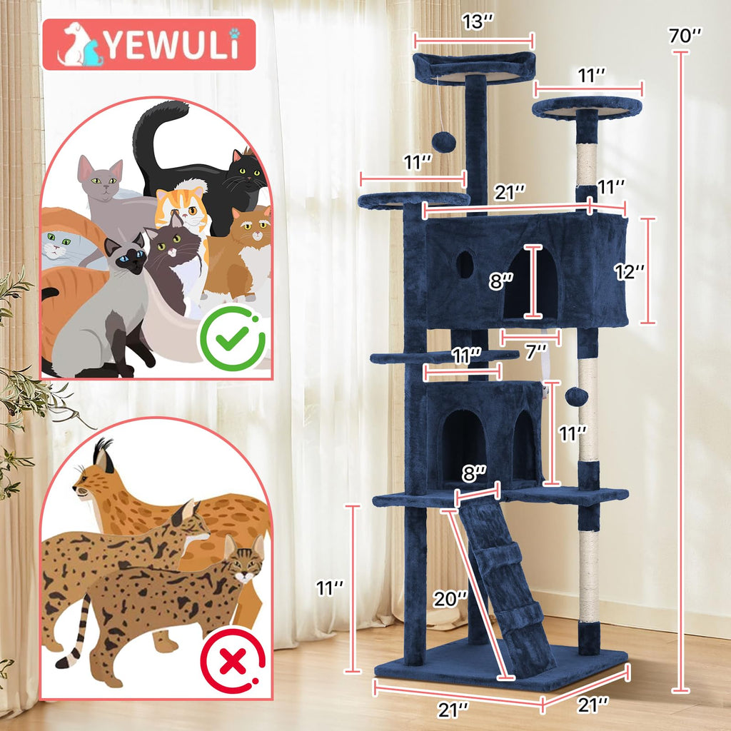 70in Cat Tree Cat Climbing Tower with Scratching Post, Cats House Perch Kitten Tree Condo Wood Playhouse, Pet Trees Tower for Indoor Cats, Navy Blue