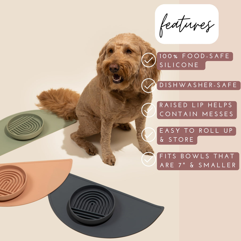 Should We Go? Waterproof Silicone Dog Food Mat – Medium Size Non-Slip Pet Bowl Mat, Raised Edge Design, Easy-to-Clean Pet Food Placemat for Dog & Cat Bowls, 21" Across x 10.5" Deep - Charcoal