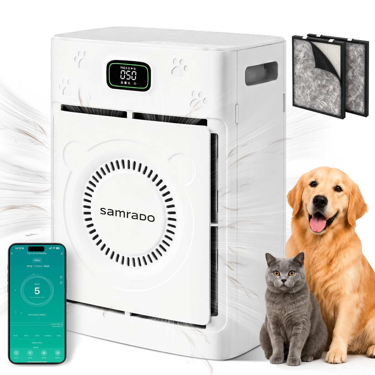 Samrado Pet Air Purifier for Large Rooms, H13 HEPA, Washable Pre-Filter