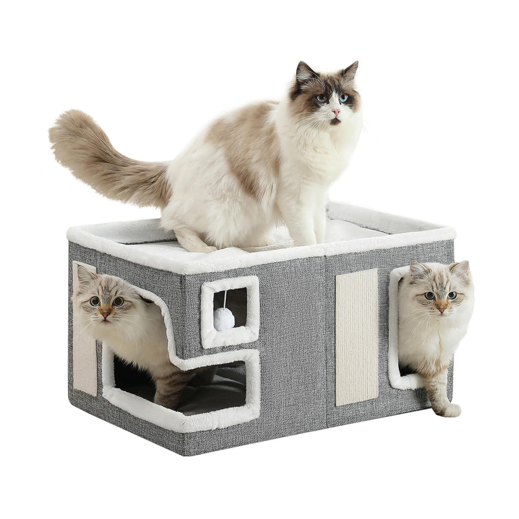 Crispedia Large Cat Houses for Indoor Cats, Extra Wide Cat Cave Bed with Scratch Pad and Fluffy Ball, Foldable Cat Hideaway Condo for Large Cats, Modern Kitten Bed,23x16x13 inches (Grey, X-Large)