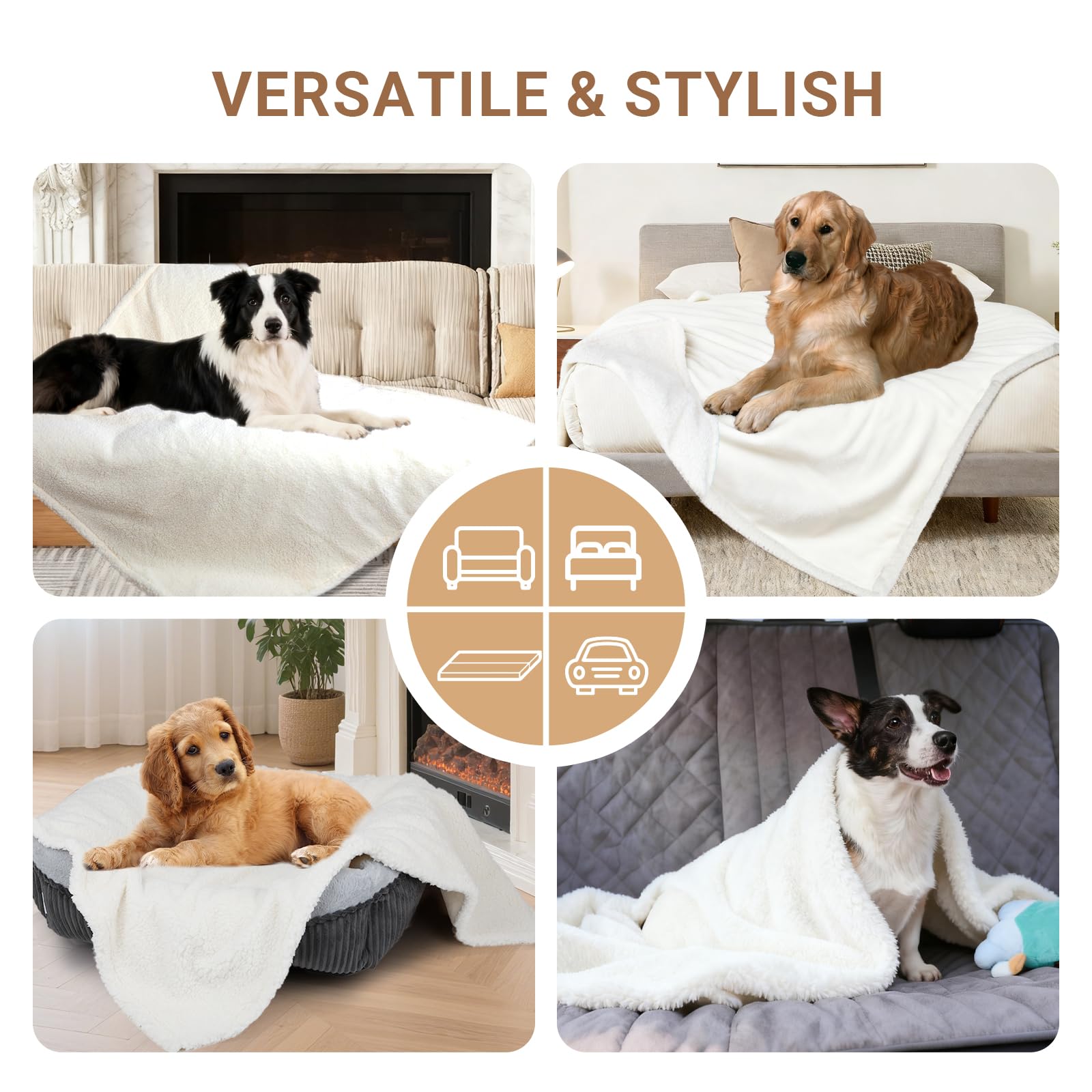 ZAKAPAWS Waterproof Dog Blanket for Large Dogs - Reversible Washable Pet Blanket, Soft Sherpa Fleece Furniture Protector, Cat Throw Bed Couch, Cream, 60"x80"