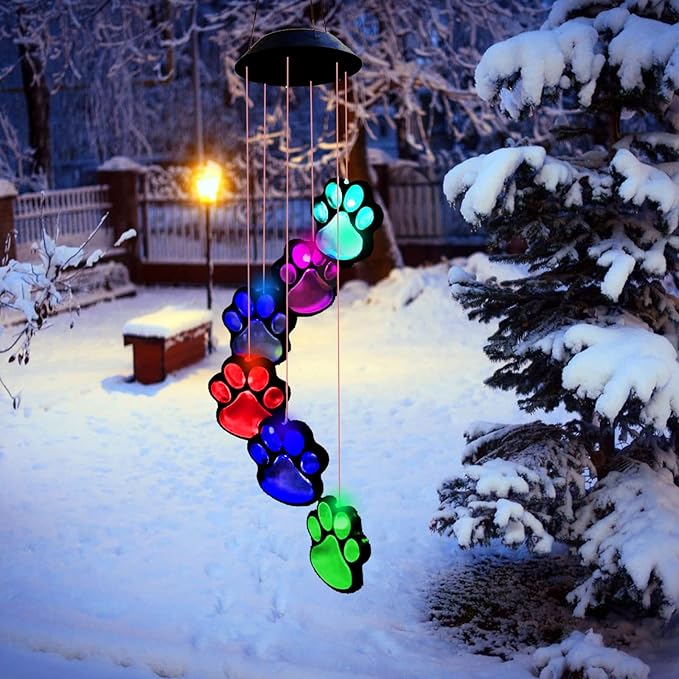 Paw Print Solar Wind Chimes, Color Changing Paw Prints Solar Lights Outdoor
