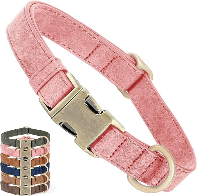 Genuine Leather Dog Collar - Adjustable Pet Collar with Quick Release Metal Buckle, Soft Skin Friendly Real Leather Collar for Small, Medium, Large Dogs (Pink, M：Fit 12-20" Neck)