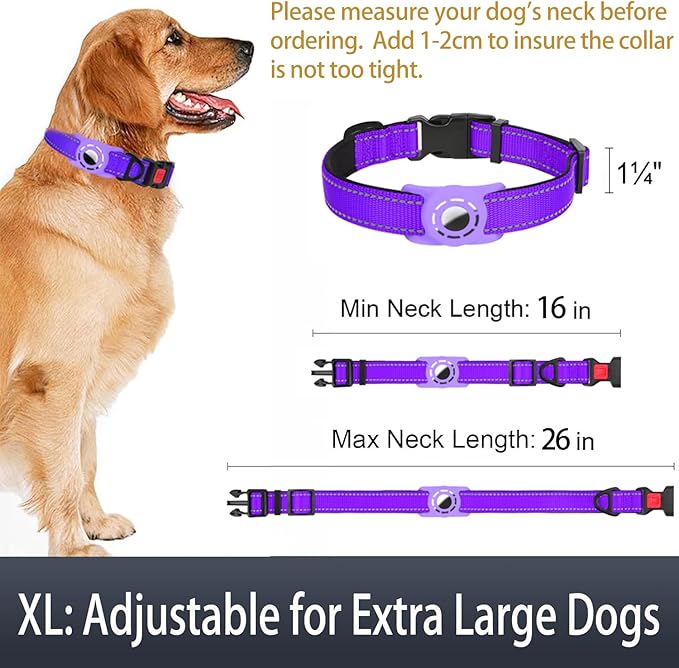 Erbine AirTag Dog Collar with AirTag Holder Compatible for Air Tag, Reflective Soft Padded, Safety Locking Buckle, Adjustable Nylon for Small Medium Large Dogs (Purple,XL)