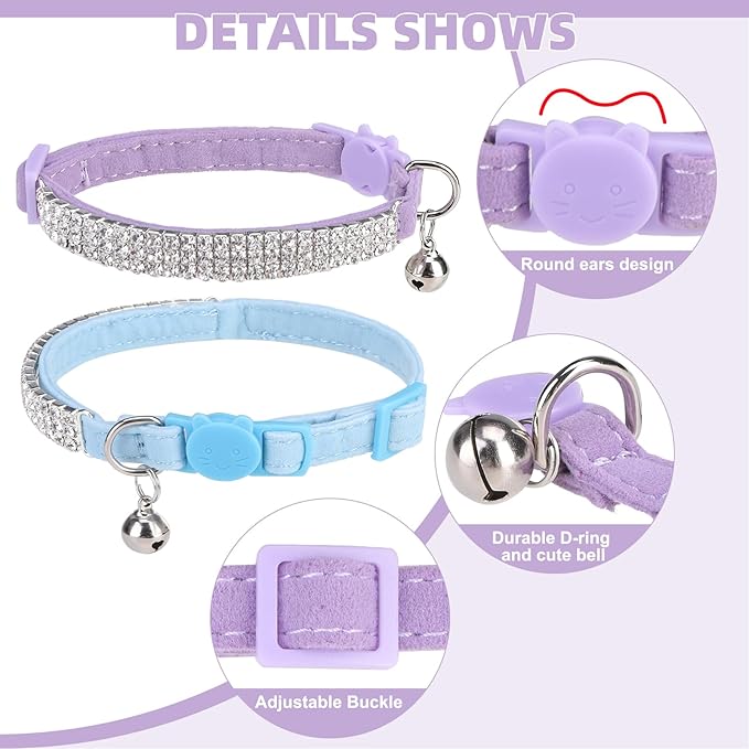 EXPAWLORER Soft Velvet Safe Cat Collars for Girl Cats,Blue & Light Purple