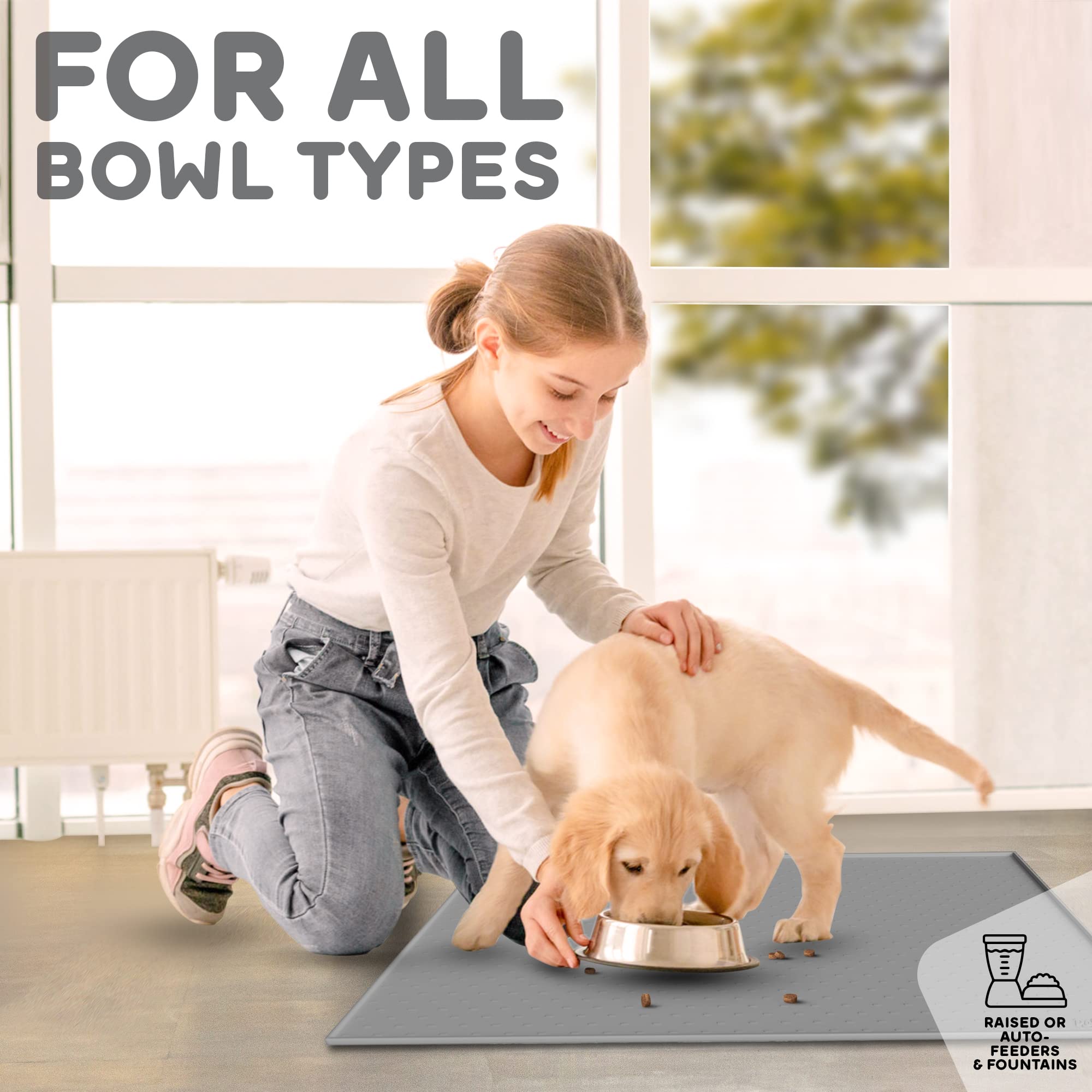 PetHappily Dog Food Mat - Raised Edges Dogs Mat for Food and Water Prevent Spill, Waterproof Cat Food Mats Protect Floors, Easy Clean Dog Bowl Mats for Food and Water, Silicone Pet Feeding Placemats
