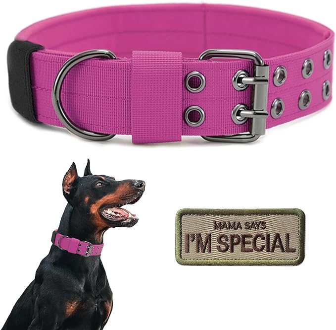 Tactical Dog Collar Military Adjustable Dog Collars Soft Nylon Training Collar with Patch Heavy Duty Metal Buckle Collars for Medium Large Dogs (Pink, L)
