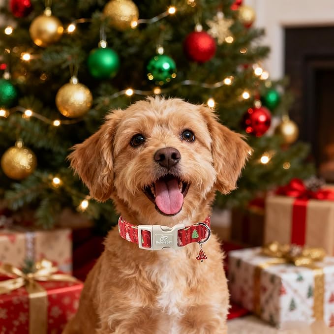 Babole Pet Christmas Dog Collar - Cute Red Christmas Tree Festive Puppy Collar with Safety Buckle, Soft Adjustable Holiday Dog Collars for Small Medium Large Dogs XL