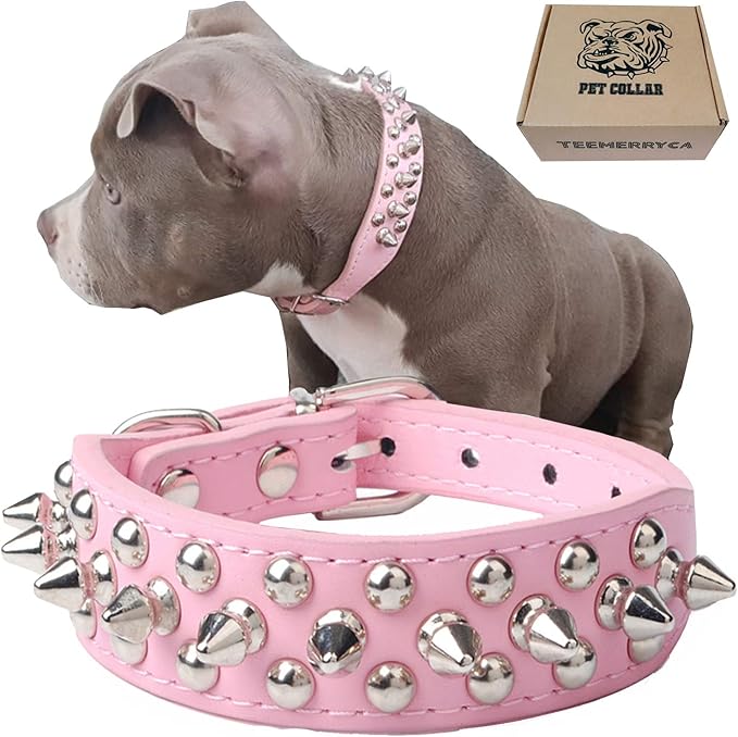 TEEMERRYCA Adjustable Leather Spiked Studded Dog Collars with a Squeak Ball Gift for Small Medium Large Pets Like Cats/Pit Bull/Bulldog/Pugs/Husky, Pink, XS 8.3-10.6 inches