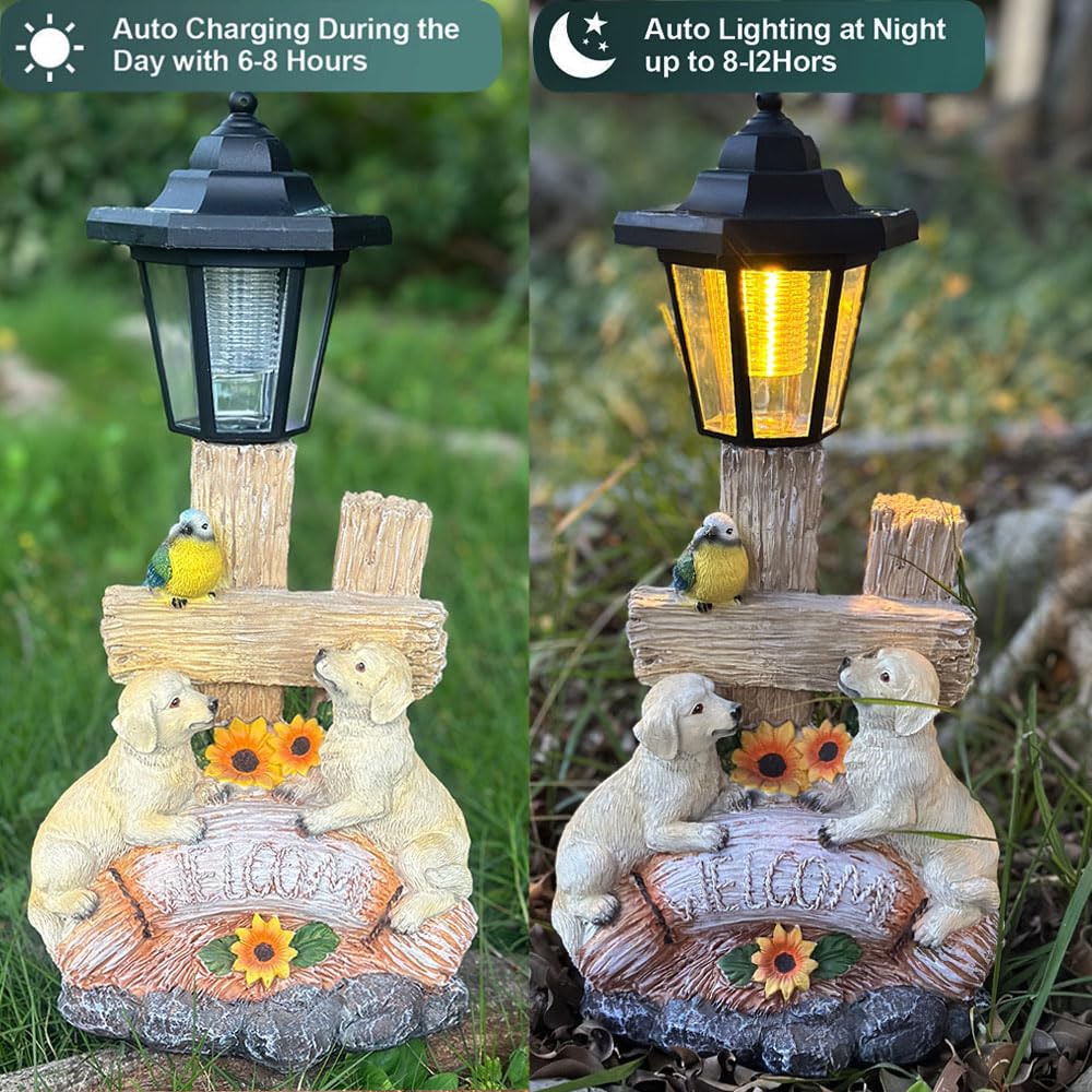 ZYLiWoo Outside Dog Statue with Solar Lantern, Garden Welcome Sign Dog Solar Figurines Light, Patio Outdoor Decoration, Balcony Lawn Decor, Unique Birthday House Warming Gift for Women, Mom, Grandma