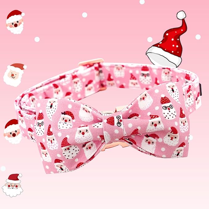 Bobo Rainbow Dog Collar, Christmas Pink Santa Claus Cotton Pet Collar Bow Holiday Girl Boy Cute Puppy Collar Adjustable Pet Collar for Medium Dogs