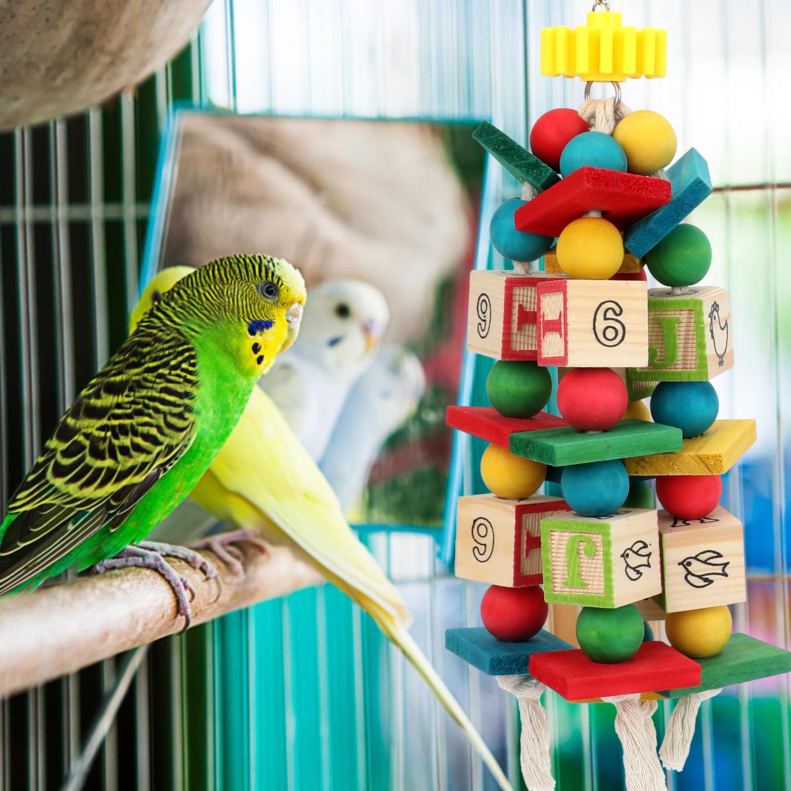 Rypet Hanging Parrot Toys, Wood Rope Chew Blocks for Cockatiels