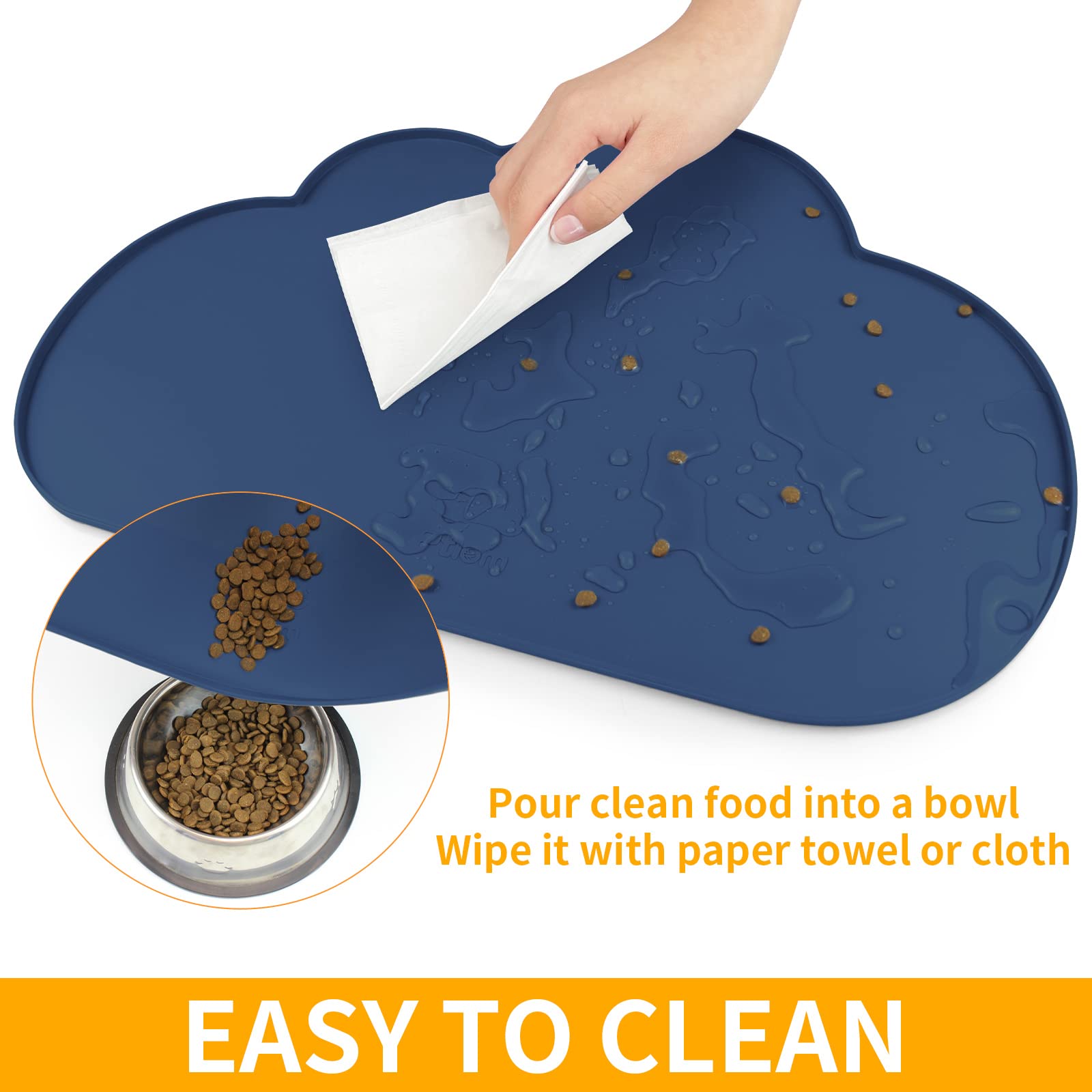 Ptlom Silicone Pet Feeding Mat for Dogs and Cats, High-Lips Pet Placemat Non-Slip Waterproof Bowl Mats Prevent Food and Water Overflow, Puppy Dish Tray Mat Suitable for Small Medium Large Pets, Navy