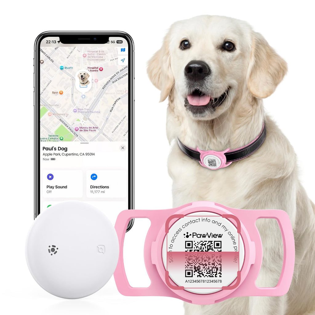 Smart Pet Tracker for Collar - Dog Trackers Location for Pet with Holder, No Monthly Fee, Real-Time Tracking, iOS Only, IPX6 Waterproof, Long-Lasting, Anti-Lost Tracker for Cats, Bag Straps,Pink