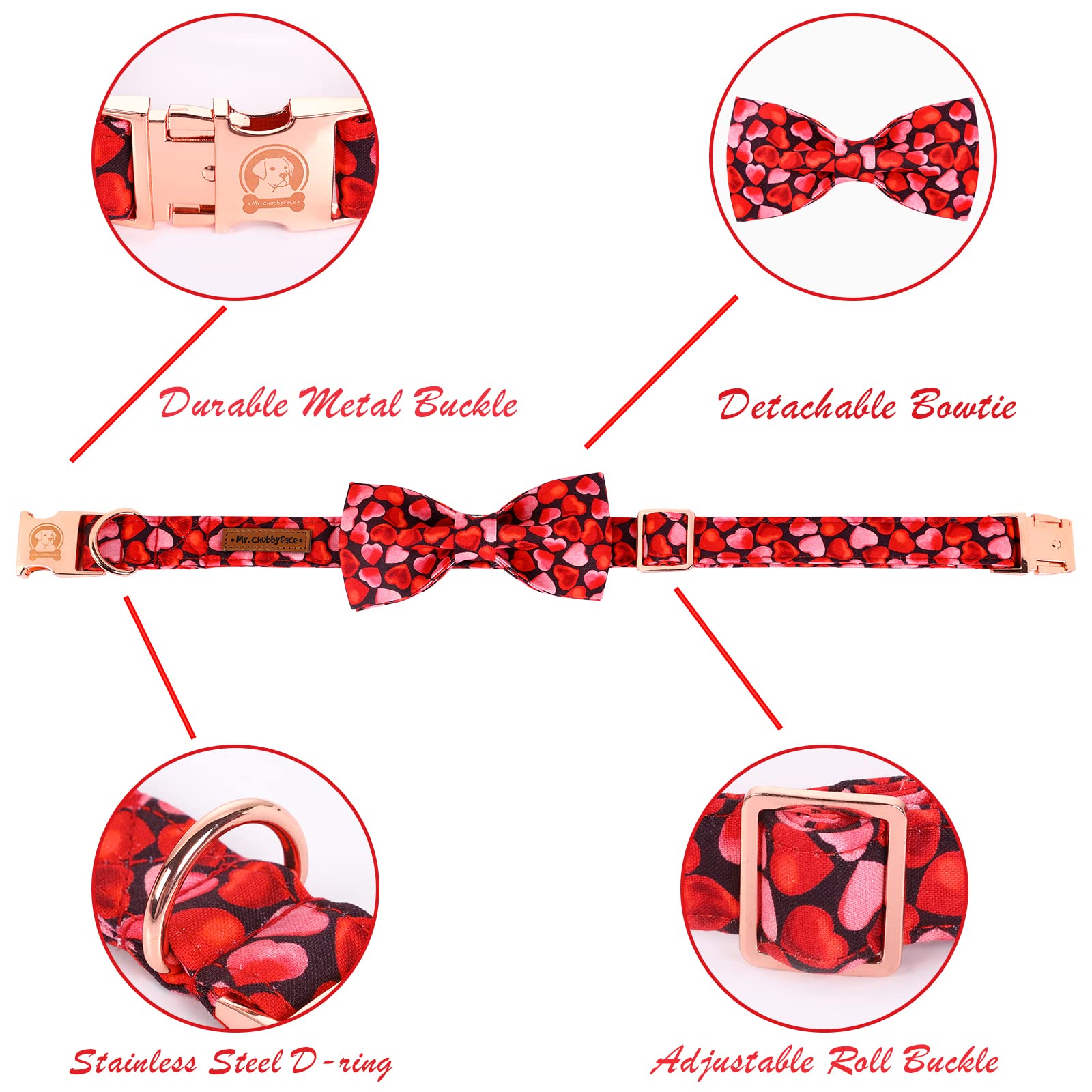 MR. CHUBBYFACE Valentines' Dog Collar with Bowtie Pink Love Pet Collar, Cute Adjustable Puppy Collar for Small Medium Large Dogs