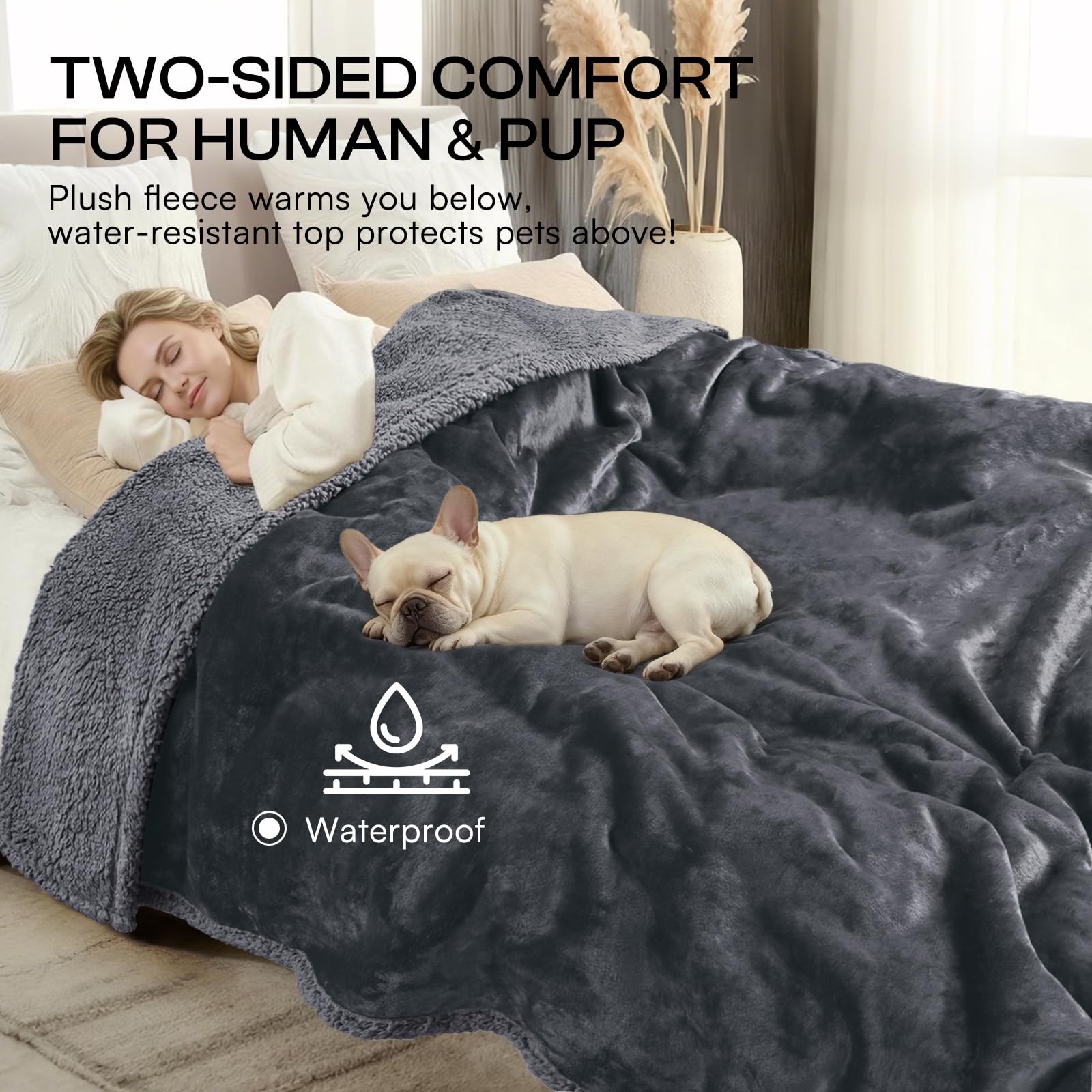 Luciphia Waterproof Blanket for Large Dog, Reversible Sherpa Bed Cover