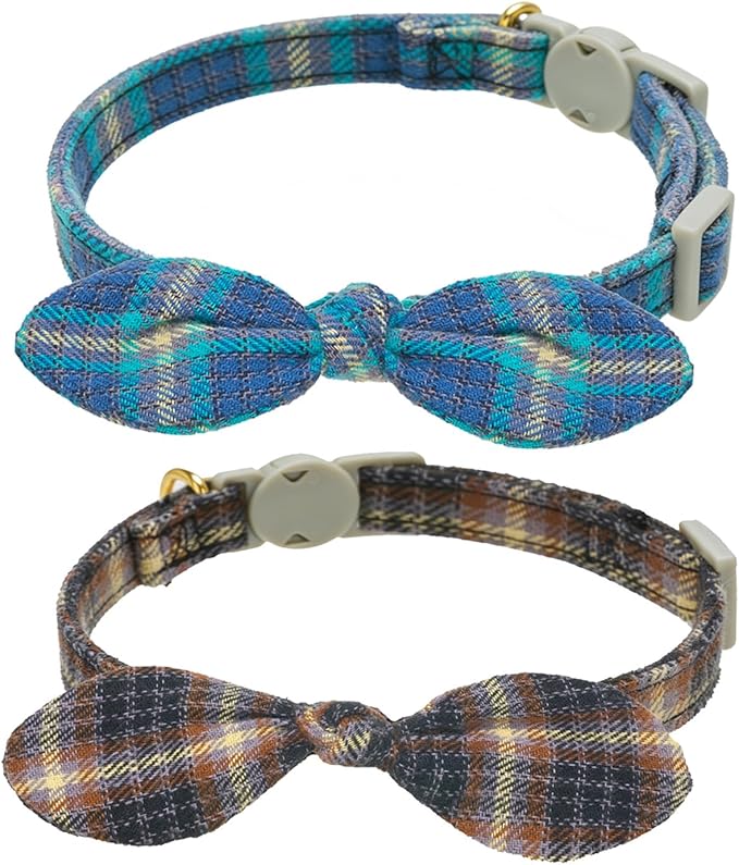 YUDOTE Bunny Ear Christmas Bowtie Cat Collar with Bell 2 Pack Cotton Breakaway Snowflakes Holiday Kitten Collars(Red+Green)