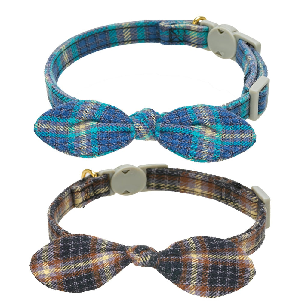 YUDOTE Cotton Bowtie Cat Collar with Bell 2 Pack Plaid Breakaway Kitten Collars with Removeable Bunny Ear Bow(Mocca Tweed+Ocean Blue)