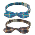 YUDOTE Cotton Bowtie Cat Collar with Bell 2 Pack Plaid Breakaway Kitten Collars with Removeable Bunny Ear Bow(Mocca Tweed+Ocean Blue)