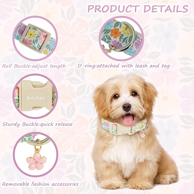 Astdogio Cotton Dog Collar with Colorful Flowers for Spring Summer, Adjustable Puppy Dog Collars for Small Medium Large Dogs, Cute Girl Boy Dog Collar Ideal for Gifts,Pet Accessory,S