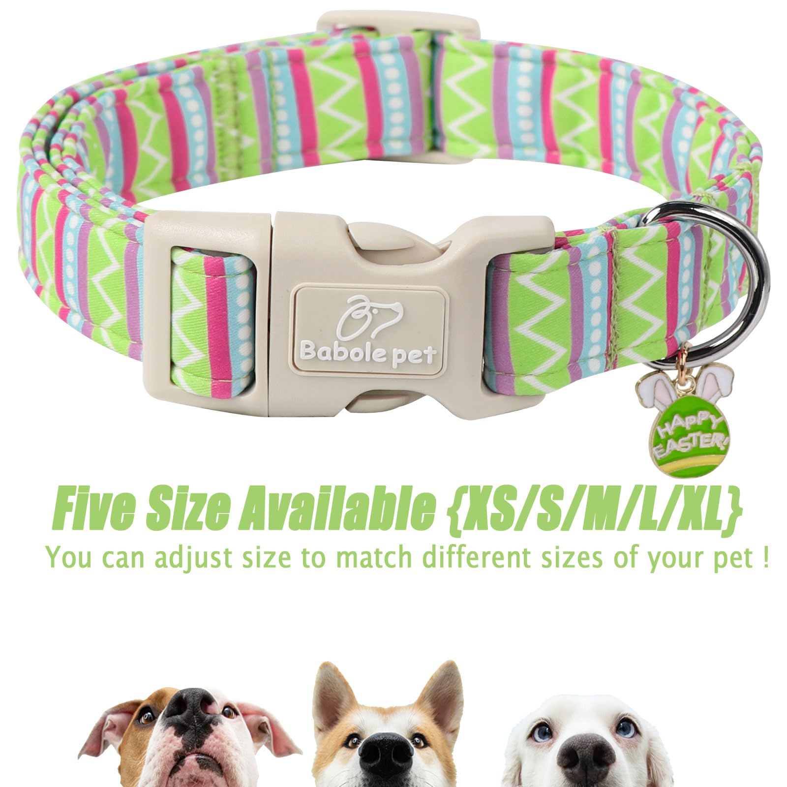 Babole Pet Easter Dog Collar for Large Dogs - Brightly Colored Stripe Easter Collars for Boy Girl Dogs, Adjustable Spring Holiday Pet Collars with Quick Release Buckle L