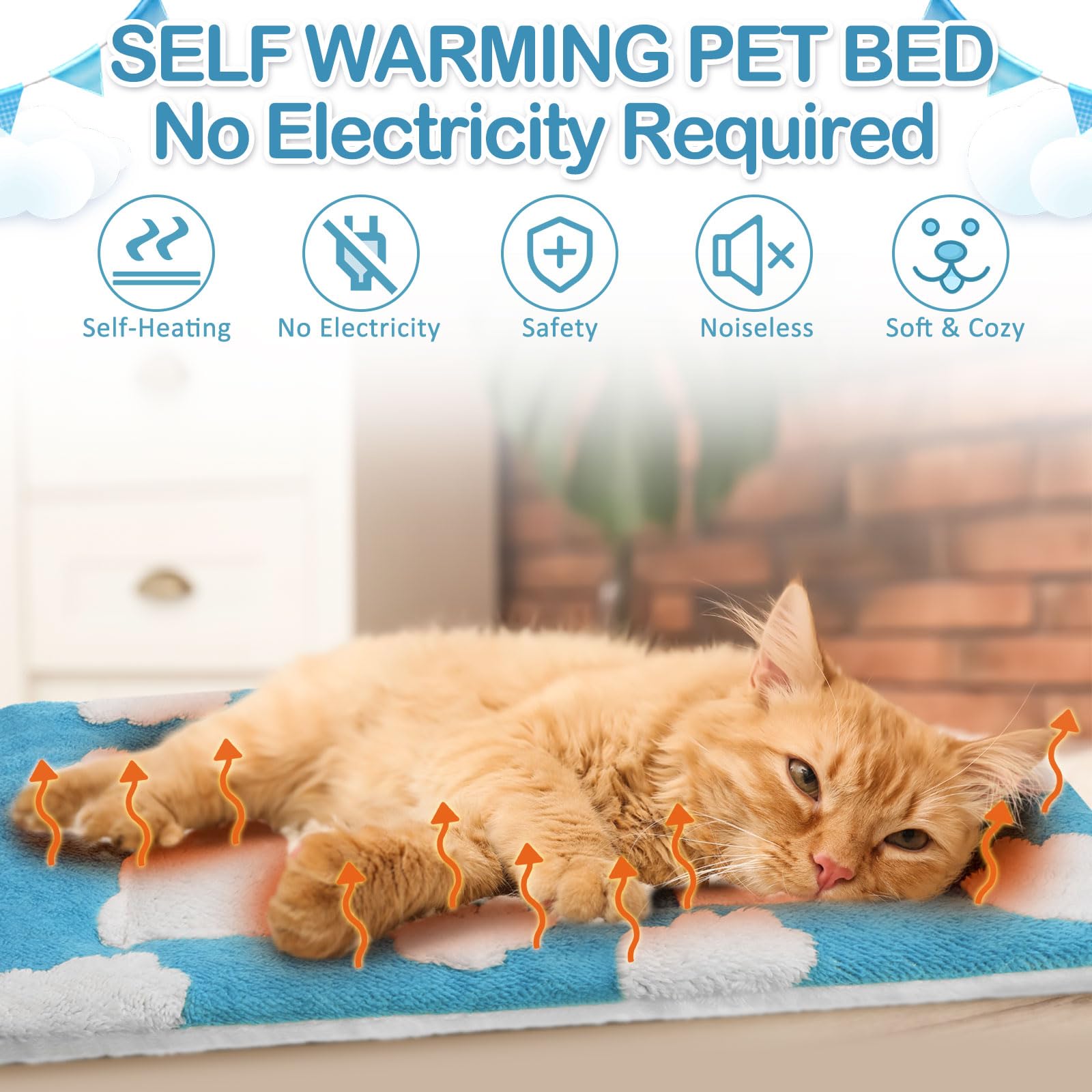 VitalCozy 2 Pack Self Warming Cat Mat Self Heating Pad Bed Reversible Machine Washable Reflects Body Heat Warm Thermal Pet Pad Crate Blanket for Feral and Indoor Cat (Blue, White,21" X 14",Clouds)