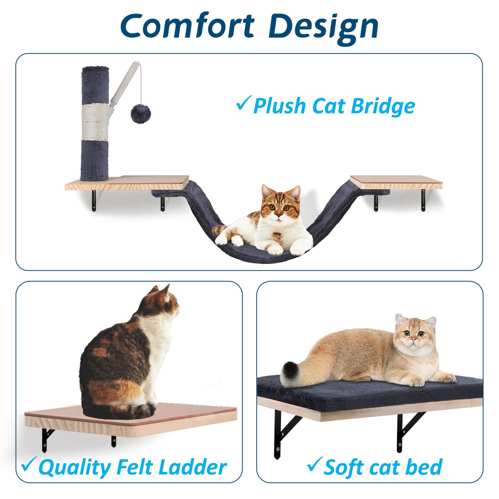 Cat Wall Shelves, Solid Wood Cat Wall Furniture Set, with Cats Bed, Hammock, Felt Ladder, Sisal Scratching Post & Ball (Dark Color)