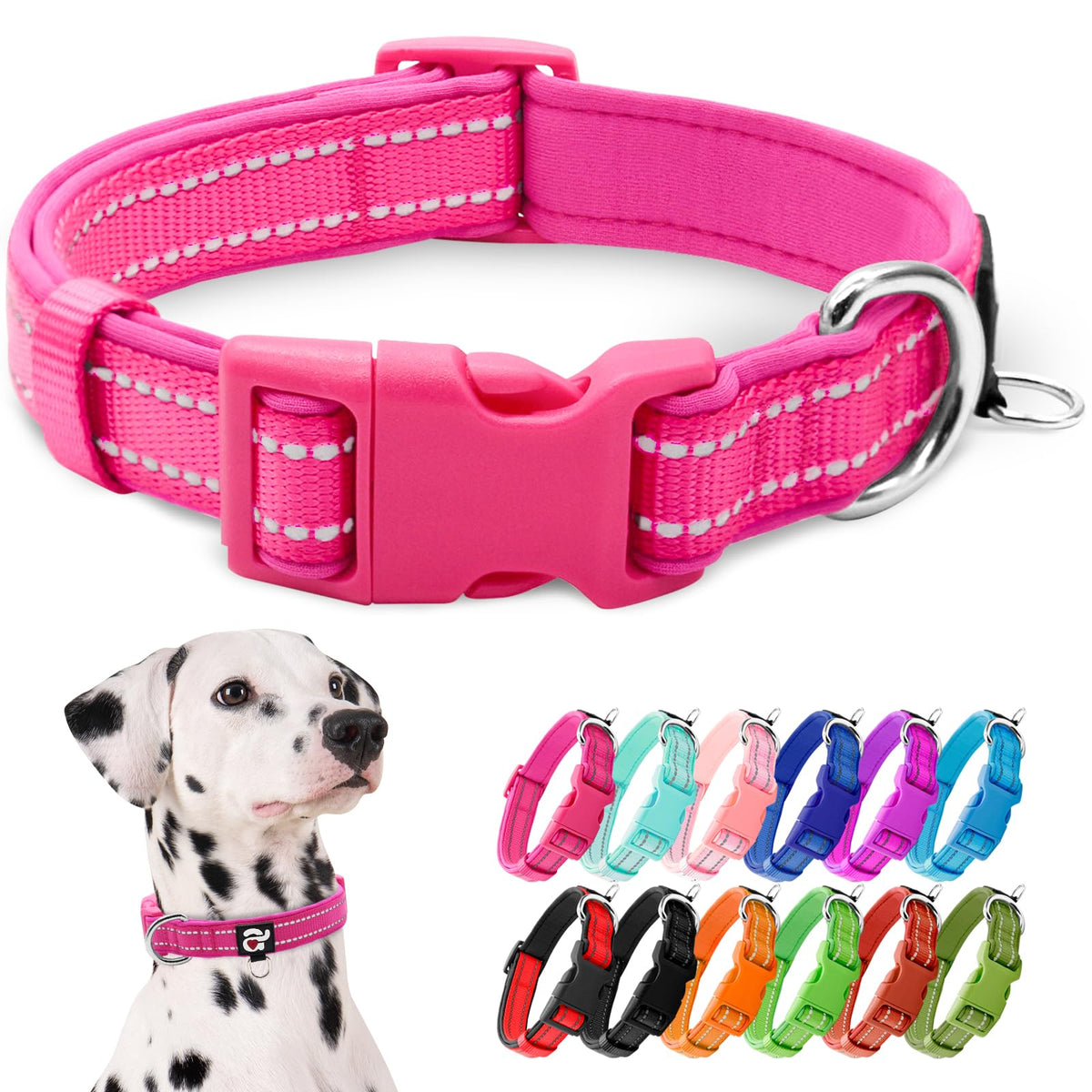 azuza Reflective Dog Collar, Neoprene Padded Puppy Collar, Hot Pink, XS