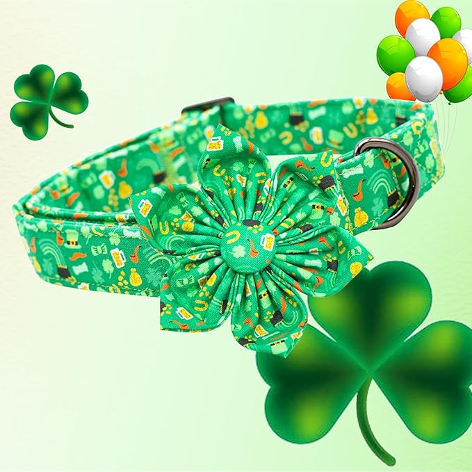 Lionheart glory St. Patrick's Day Dog Collar with Flower Dog Collars for Medium Dogs, Heavy Duty Green Collars Bows Lucky Clover Shamrock Pet Collar Flower Puppy