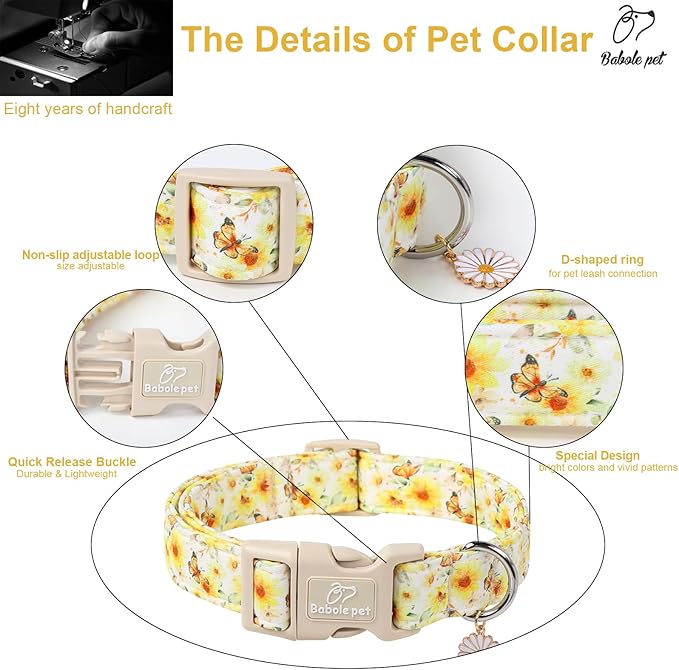 Sunflower Dog Collar, Adjustable Cute Dog Collars for Small Dogs, Lightweight Summer Fall Pet Collar with Quick-Release Buckle for Boy&Girl Dogs S