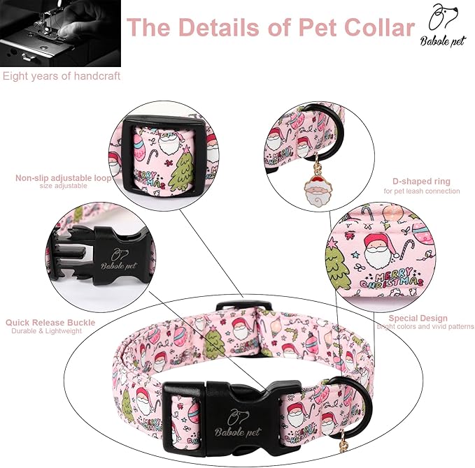 Babole Pet Christmas Dog Collar for Large Dogs - Cute Santa Print Pink Christmas Collars for Dogs, Soft Adjustable Winter Holiday Dog Collars with Quick Release Buckle L