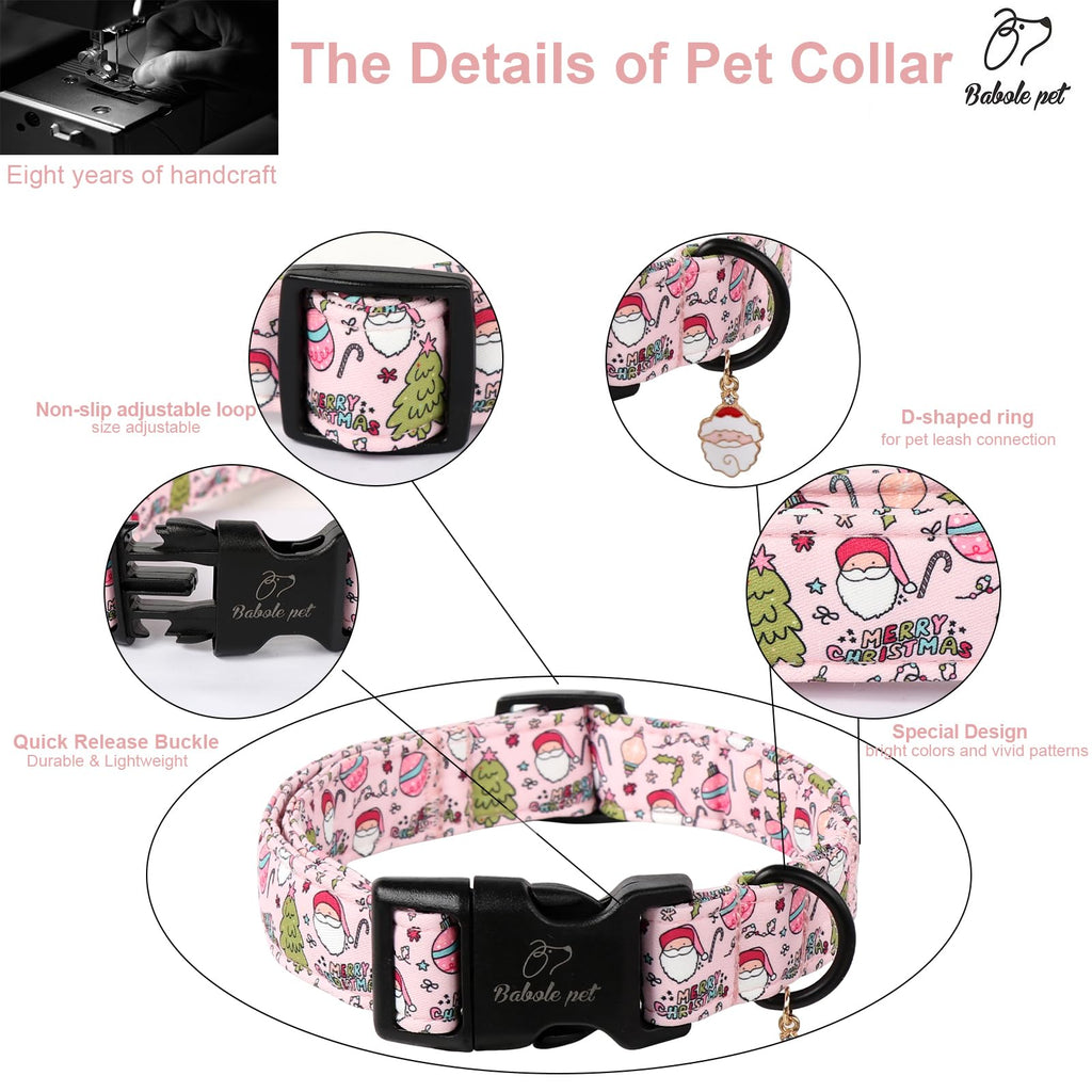 Babole Pet Christmas Dog Collar for Medium Dogs - Cute Santa Print Pink Christmas Collars for Dogs, Soft Adjustable Winter Holiday Dog Collars with Quick Release Buckle M