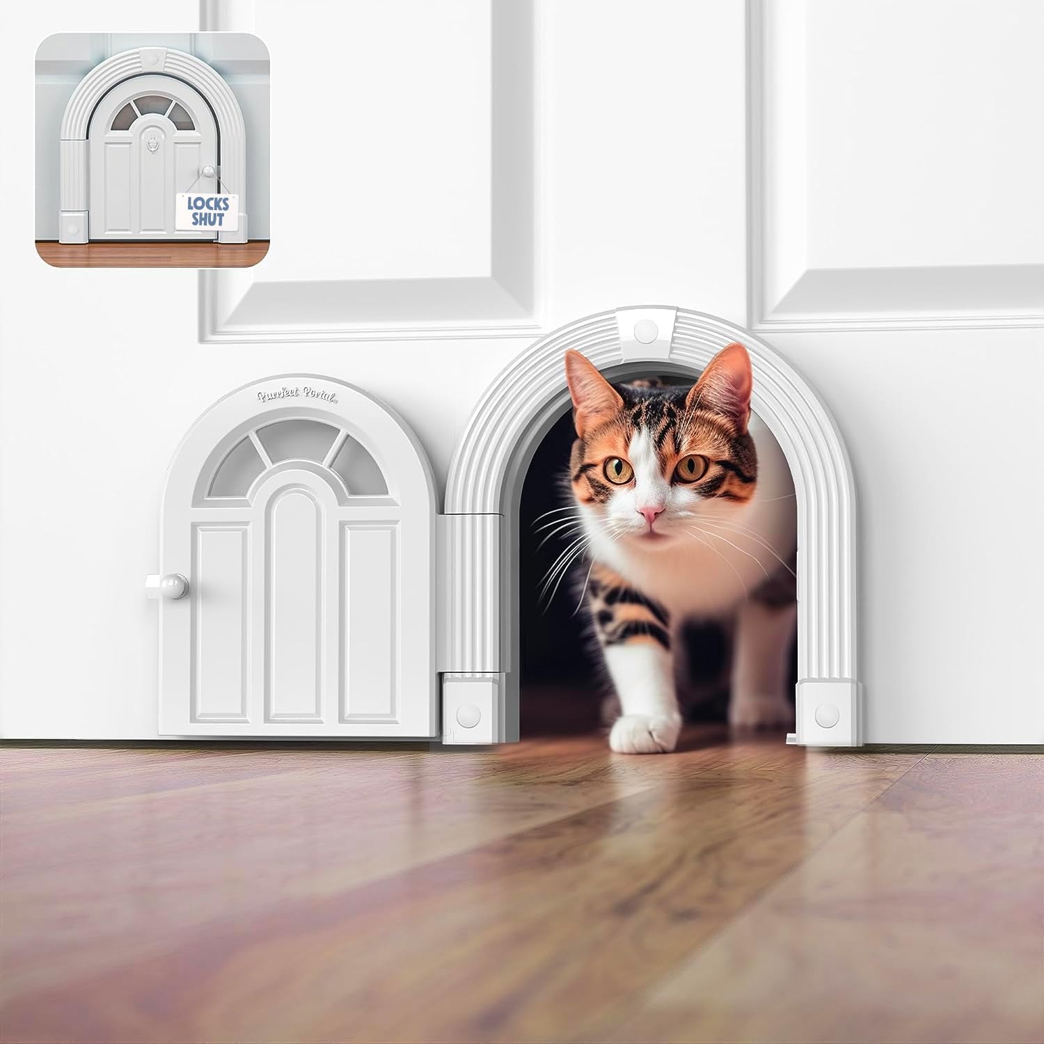 Purrfect Portal Meow Manor® Cat Door Interior Door - No-Flap, Fits Cats Up to 20 lbs, Easy DIY Setup, No Training Needed, White
