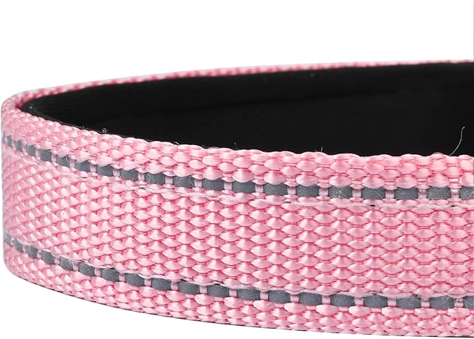 PWOD Reflective Dog Collar, Adjustable Soft Neoprene Padded Nylon Pet Collars with Buckle for Extra Large Dogs, Light Pink,XL