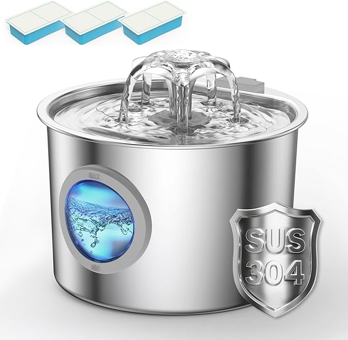 Premium Cat Water Fountain - Whisper-Quiet, 304 Stainless Steel, Smart Pump for Hydration Obsessed Cats | 74oz, 6 Filters Included (74oz Cat Fountain+6 Filters +6 Sponges)
