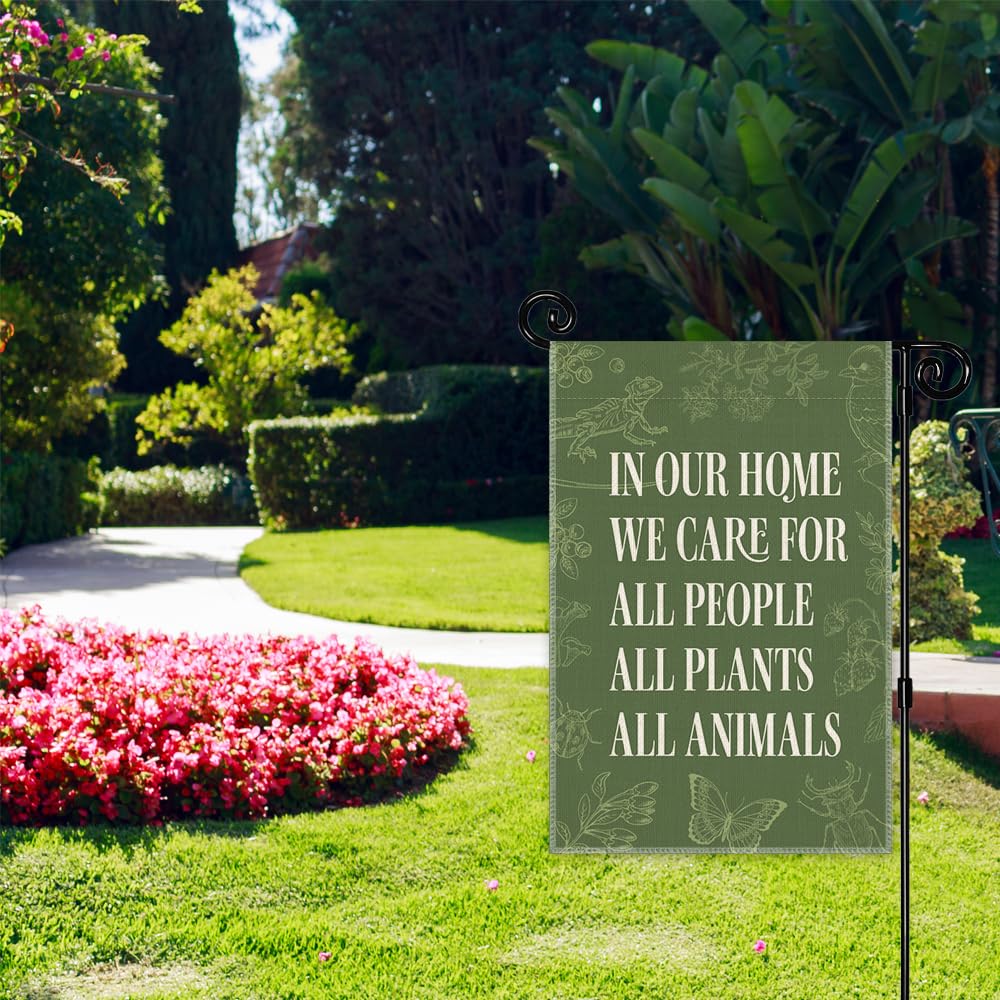 JMYROG In Our Home We Care for All People Plants Animals Garden Flag, Double Sided Yard Outdoor Farmhouse Lawn Porch Decor Banner, Ally Yard Flag, Inclusive Gifts For Family Friend Plant Animal Lover