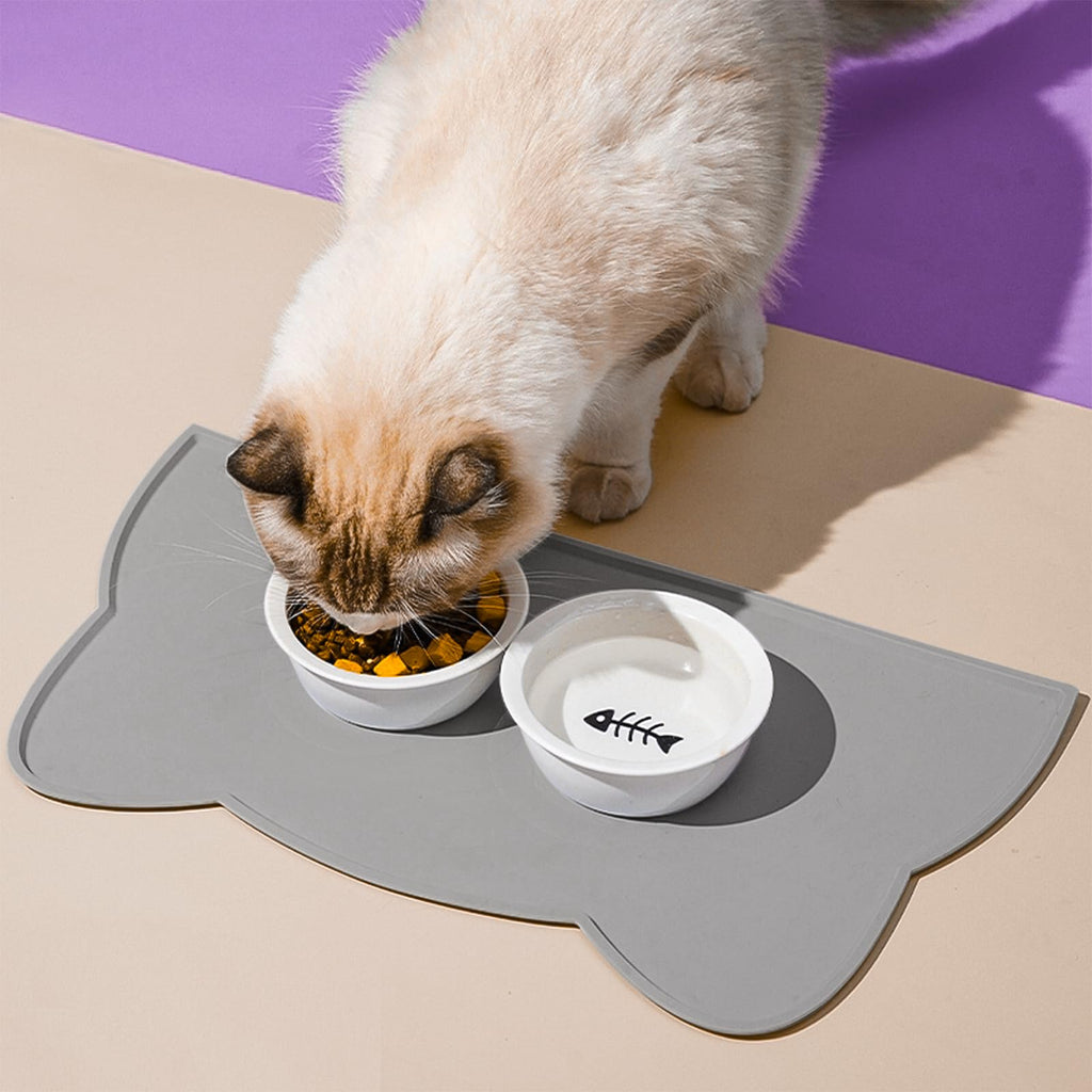 Cat Food Mat, Silicone Non Slip Dog Bowl Mat Waterproof Cat Feeding Mat Stop Food Spills and Water Messes Out to Floor Pet Food Mat (Dark Gray, 17" x 10")