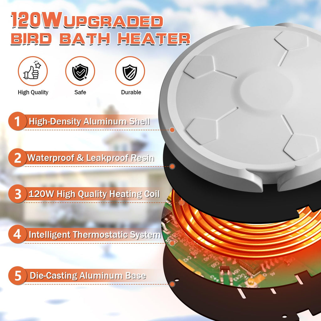 Daoeny Bird Bath Heater, 120W Bird Bath Heaters for Outdoors in Winter, Birdbath Water Heater Full-Covered Aluminum, Heated Bird Bath Pond Deicer Thermostatically Control for Patio Yard Farm (White)