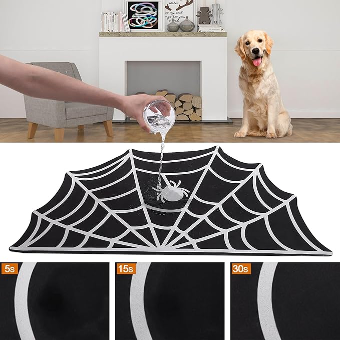 Halloween Dog Cat Mat for Food & Water Feeding, Spider Web 35.5''x24''