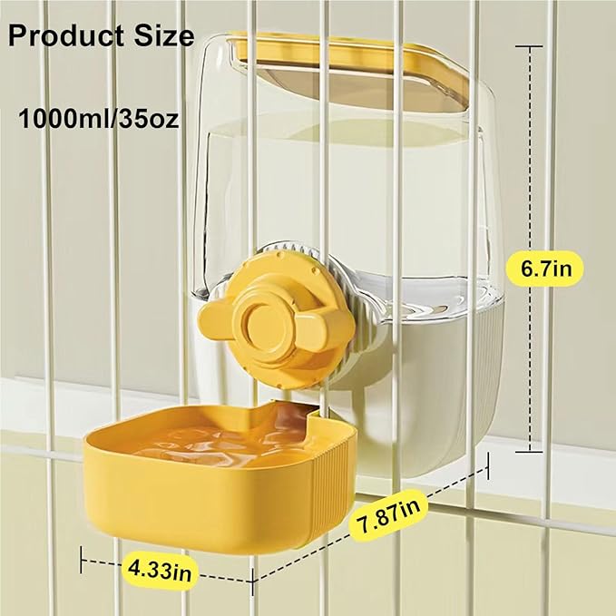 RMNHPTK 35oz Rabbit Water Bottle, Pet Hanging Automatic Water Dispenser for Small Animal Ferret Guinea Pig Chinchilla Dog Cat (Cage Grid Spacing 1.2''-2.1'') (Yellow)