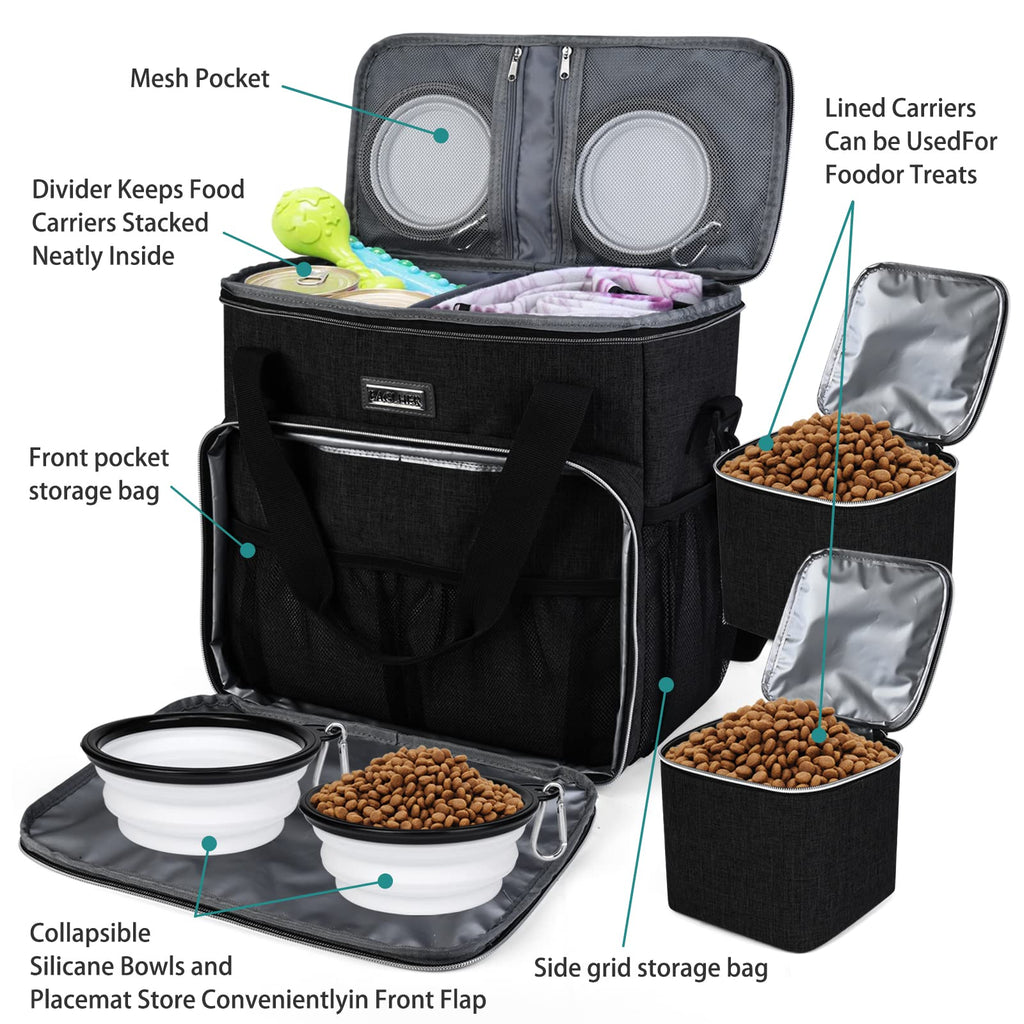 BAGLHER Dog Travel Bag, Pet Travel Bag (ALL Pet Travel Supplies), With 2 Pet Food Containers and 2 Collapsible Silicone Bowls; Essential Kits for Travel Black