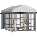 HOOBRO Dog Kennel Outdoor with Cover, 6.6 x 6.6 x 6.4 ft Dog Kennel Outside with Waterproof Roof and Rotating Feeding Bowls, Heavy-Duty Large Cage Enclosure, for Medium & Large Dogs, Black BK220GW03
